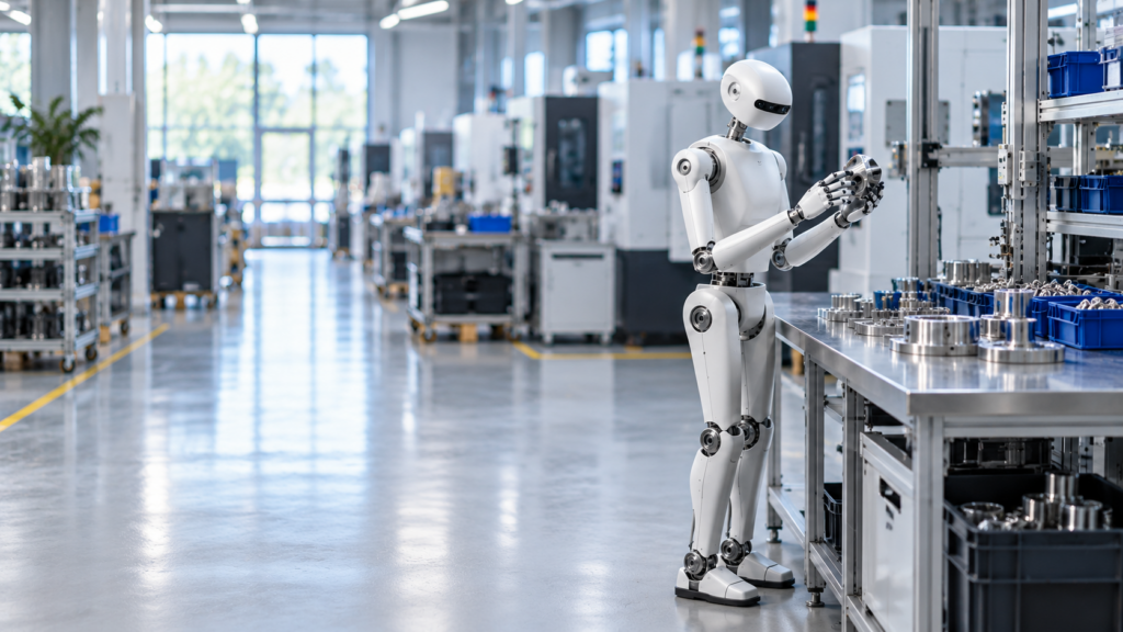 KI-Illustration nach Produktreferenz: humanoider Roboter AEVO von Aeon Robotics bei einer präzisen Handlingaufgabe in einer Fertigungshalle.