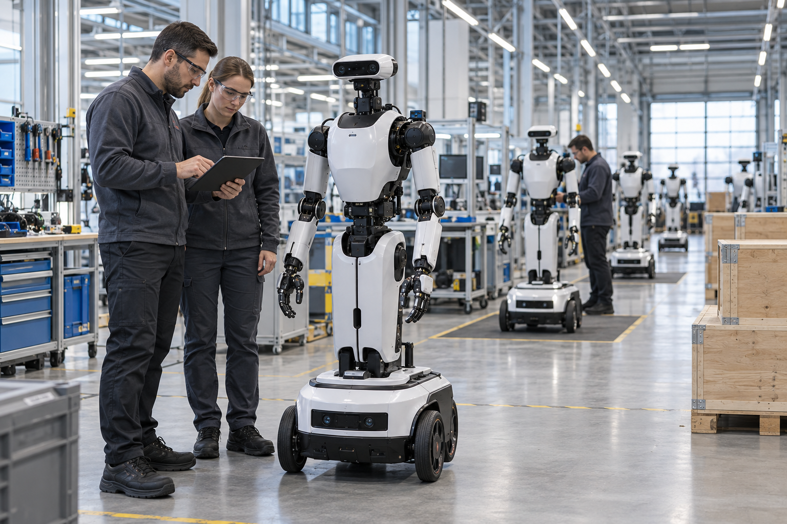 Techniker prüfen mobile humanoide Roboter in einer modernen Fertigungshalle [Bildinhalt mit KI erstellt]