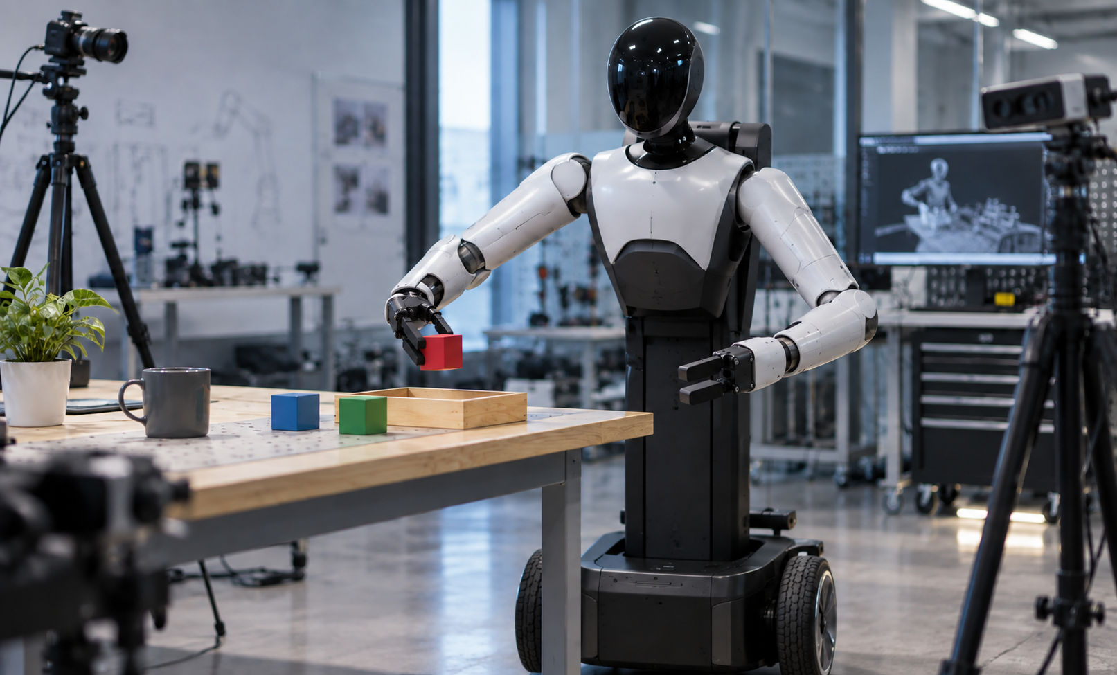 KI-generierte Illustration eines AgiBot-G1-ähnlichen mobilen Roboters beim Manipulationstraining [Bildinhalt mit KI erstellt]