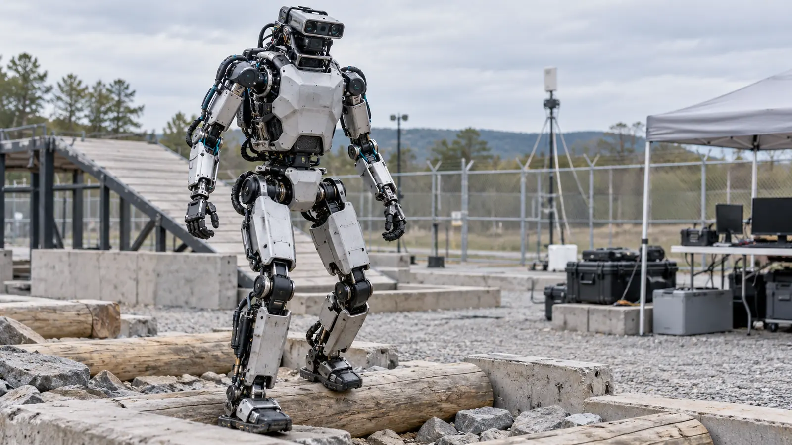 Symbolic image of a rugged research humanoid crossing obstacles at an engineering test site [Image content created with AI]