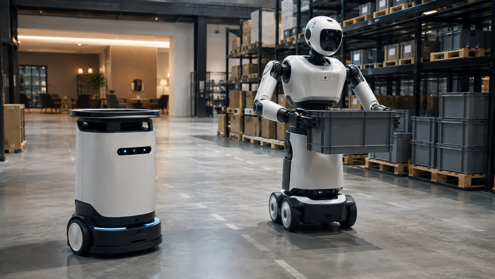 Generischer Serviceroboter und mobiler Humanoid bei der Arbeit in einem modernen Logistikzentrum [Bildinhalt mit KI erstellt]