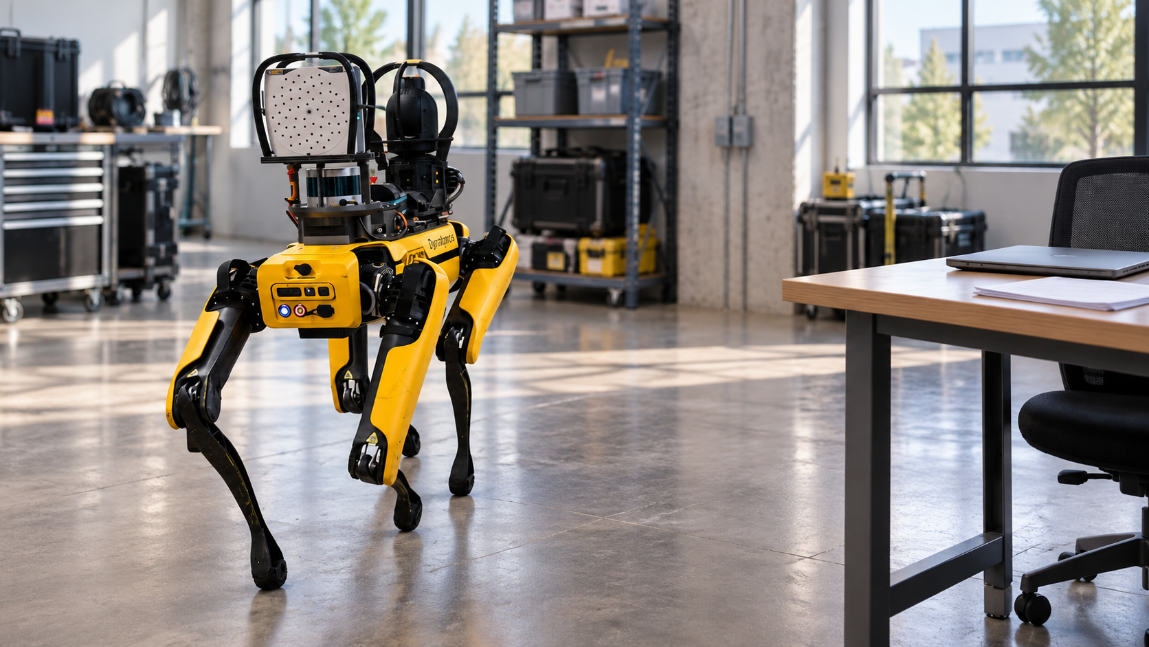 KI-Illustration: Boston Dynamics Spot mit Zusatzsensorik neben einem Arbeitsplatz für die Beschaffungsplanung. [Bildinhalt mit KI erstellt]