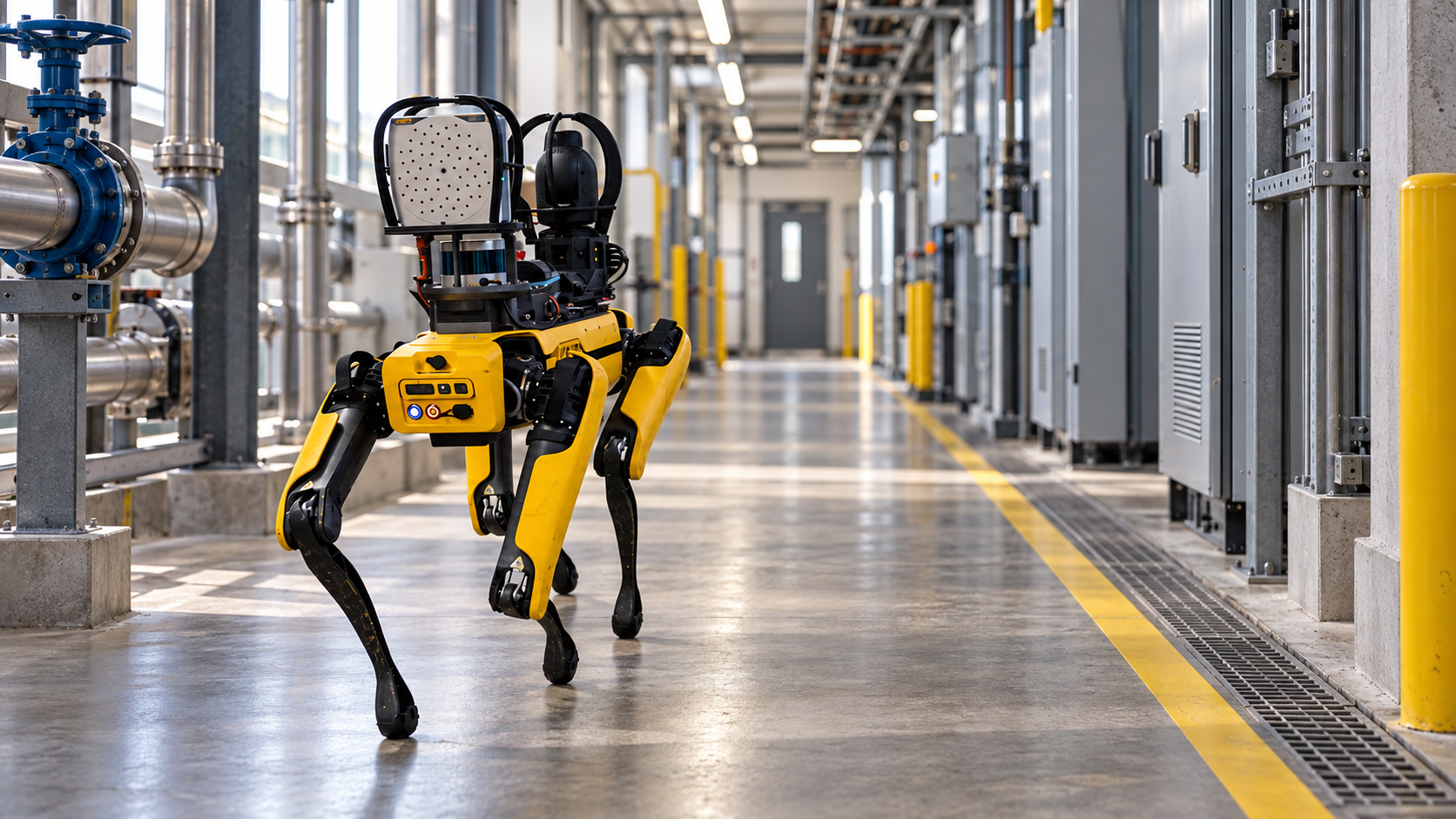 KI-Illustration: Boston Dynamics Spot mit Inspektionssensorik in einem industriellen Korridor. [Bildinhalt mit KI erstellt]
