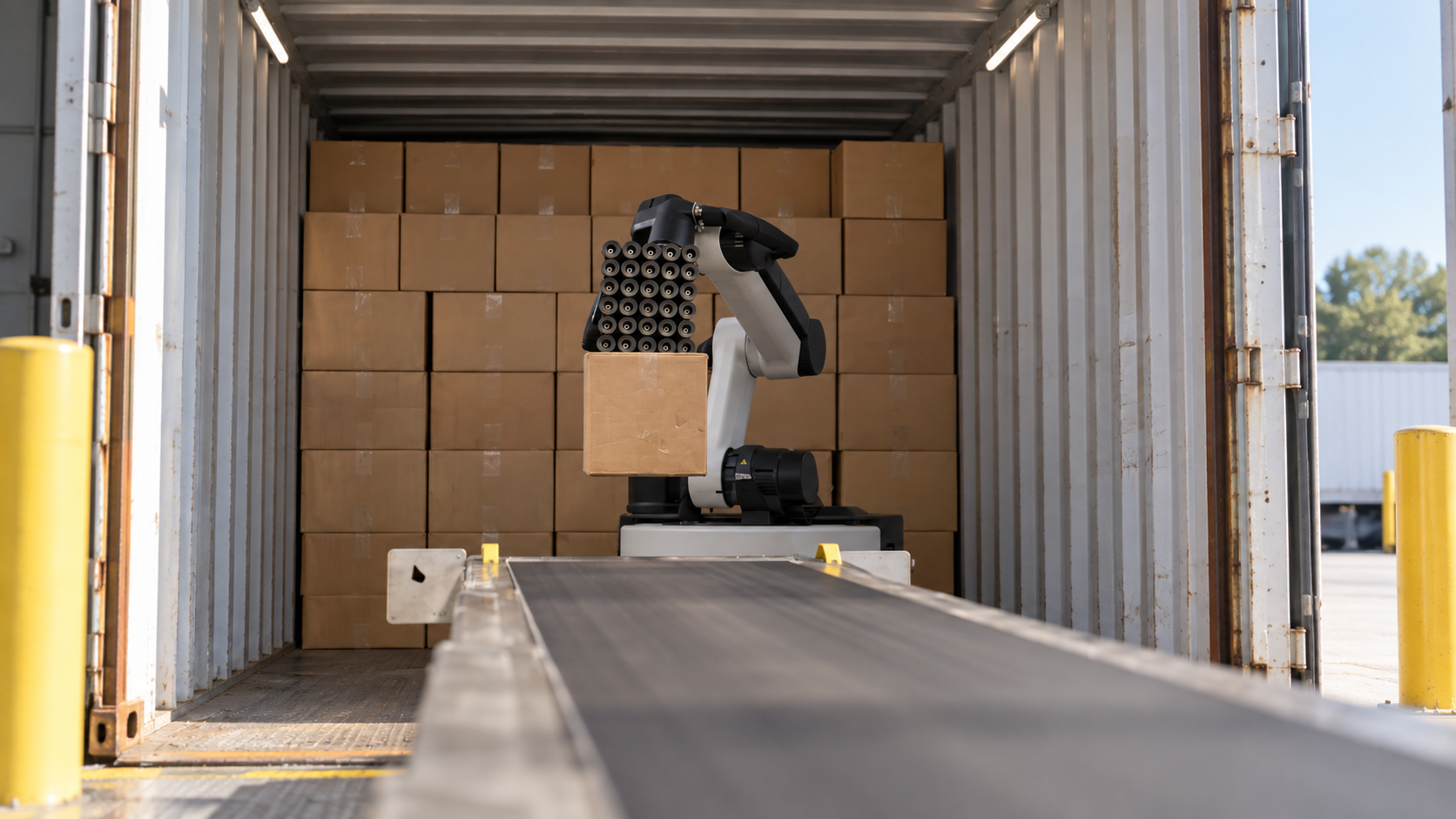 KI-Illustration: Boston Dynamics Stretch mit Vakuumgreifer, Karton und Förderband im Container. [Bildinhalt mit KI erstellt]