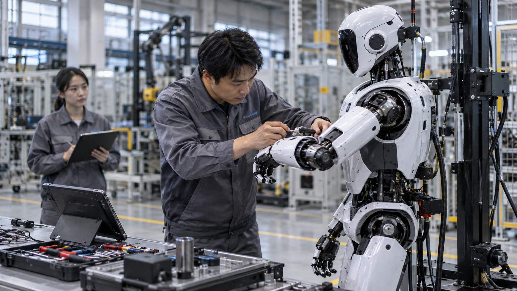 Robotics technician calibrates a humanoid robot in an advanced manufacturing training center [Bildinhalt mit KI erstellt]