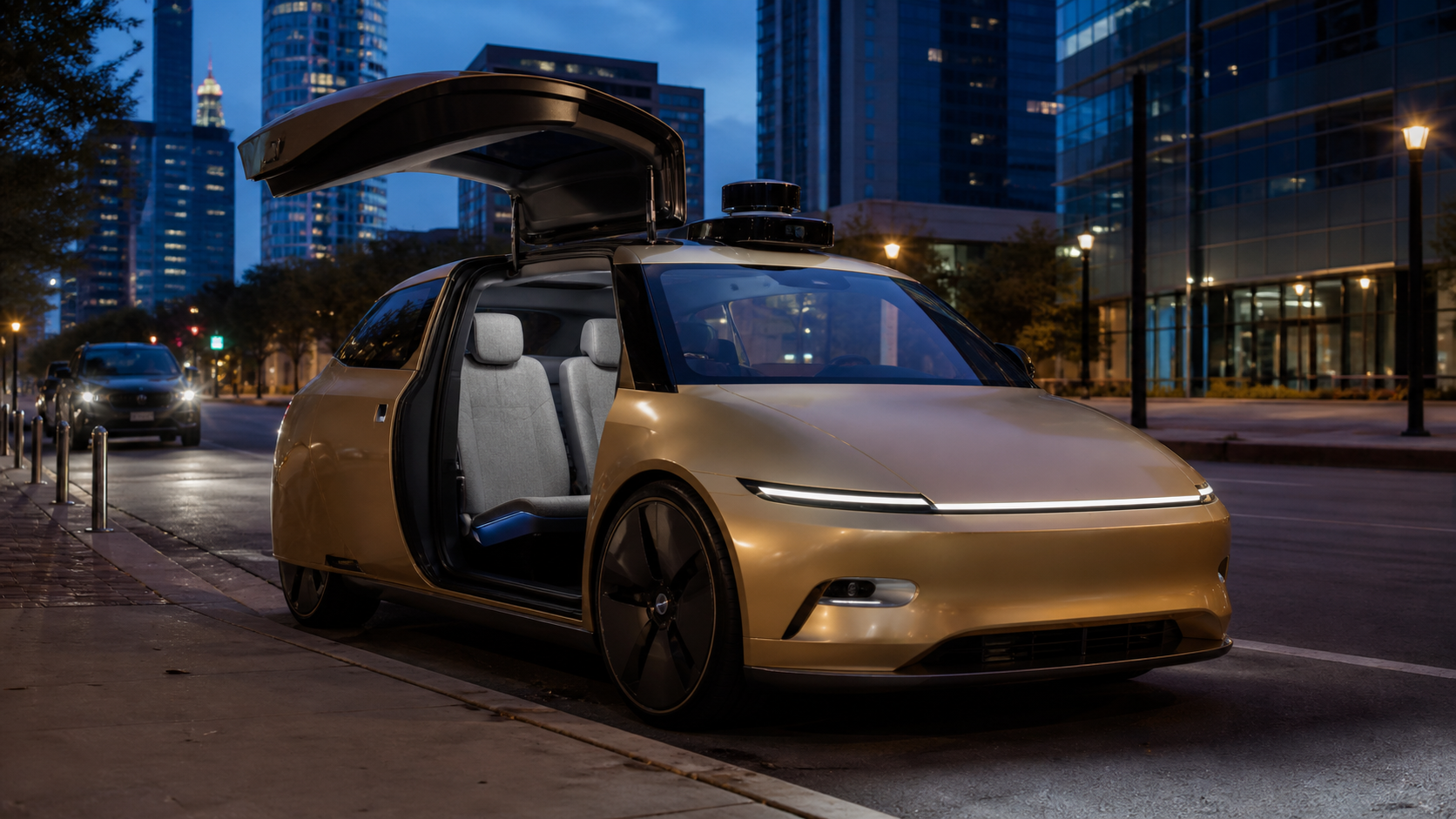 Generisches goldfarbenes autonomes Zweisitzer-Robotaxi mit geöffnetem Innenraum ohne sichtbares Lenkrad auf einer Stadtstraße in der Abenddämmerung [Bildinhalt mit KI erstellt]