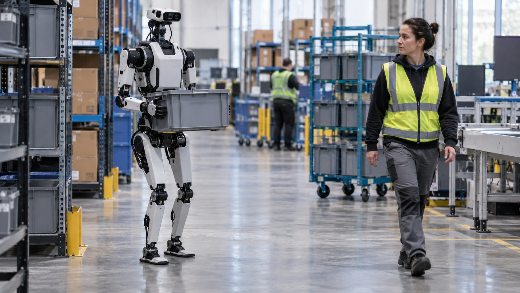 Redaktionelle KI-Illustration eines generischen humanoiden Industrieroboters neben einem Menschen in einer Logistikhalle; kein Digit 5. [Bildinhalt mit KI erstellt]