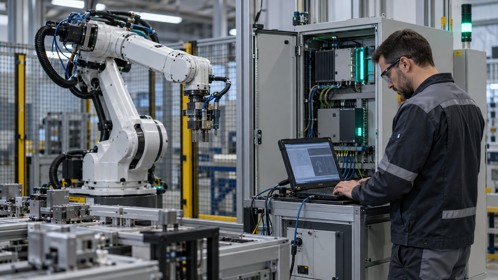 Redaktionelle KI-Illustration eines Technikers an der Steuerung eines Industrieroboters; kein Exein-Produkt und kein dokumentierter Cyberangriff. [Bildinhalt mit KI erstellt]