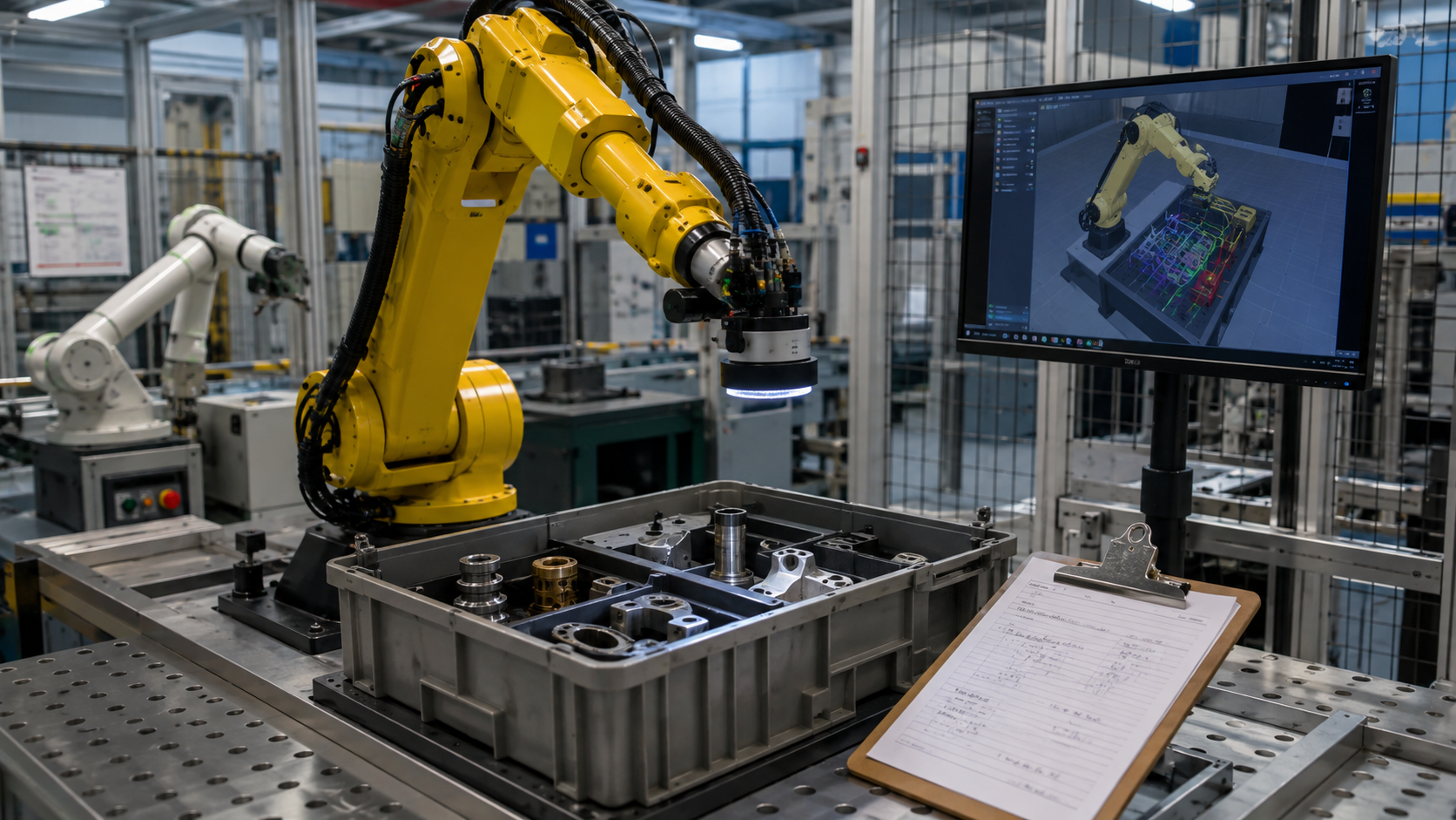 Generischer gelber Industrieroboter mit Handgelenkkamera über einer Kiste mit Metallteilen neben einem handschriftlichen Arbeitsauftrag und einem Bildschirm mit digitalem Zwilling [Bildinhalt mit KI erstellt]