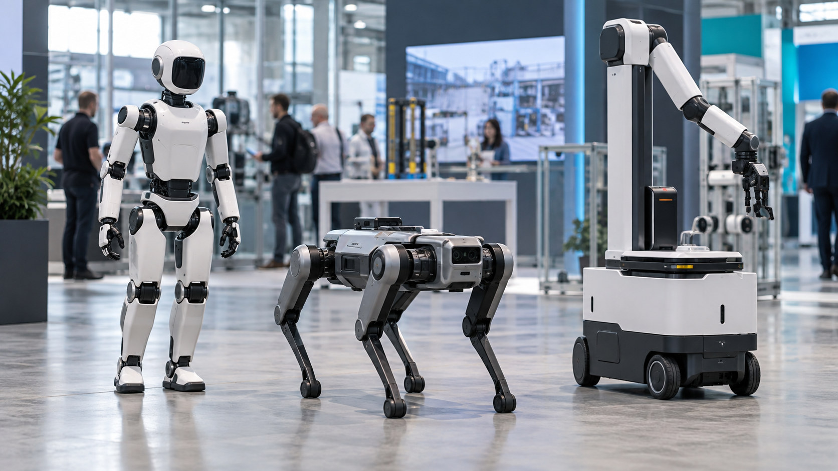 Humanoider Roboter, quadrupeder Inspektionsroboter und mobiler Manipulator in einer Industriehalle [Bildinhalt mit KI erstellt]