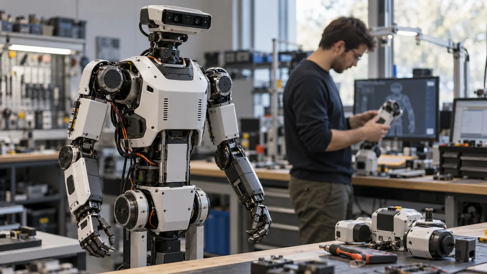 AI-generated symbolic image of a modular humanoid robot in a development workshop [Image content created with AI]