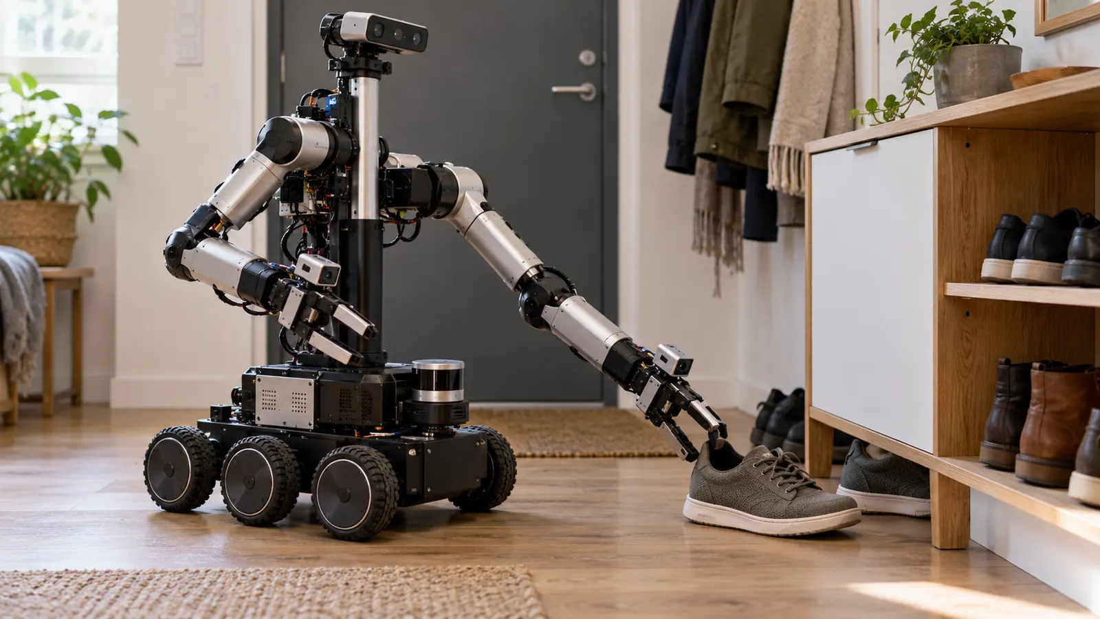 AI illustration of a compact wheeled household robot learning to pick up shoes in an apartment entryway [Image content created with AI]