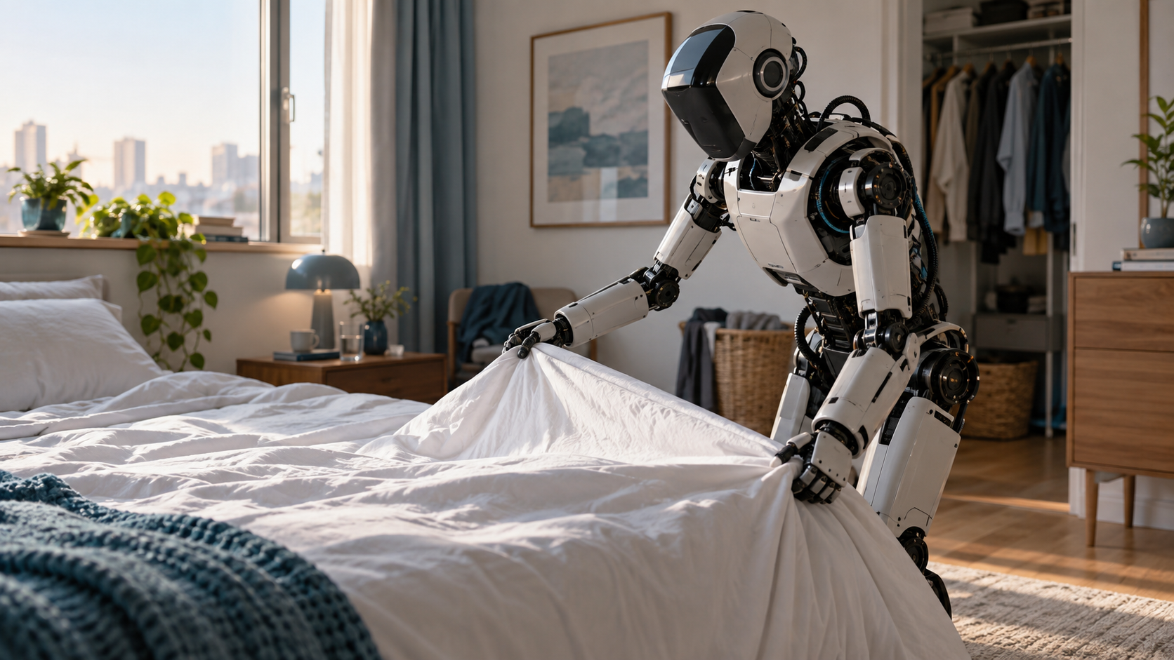 Editorial AI illustration of a humanoid robot making a bed in an unfamiliar apartment [Image content created with AI]
