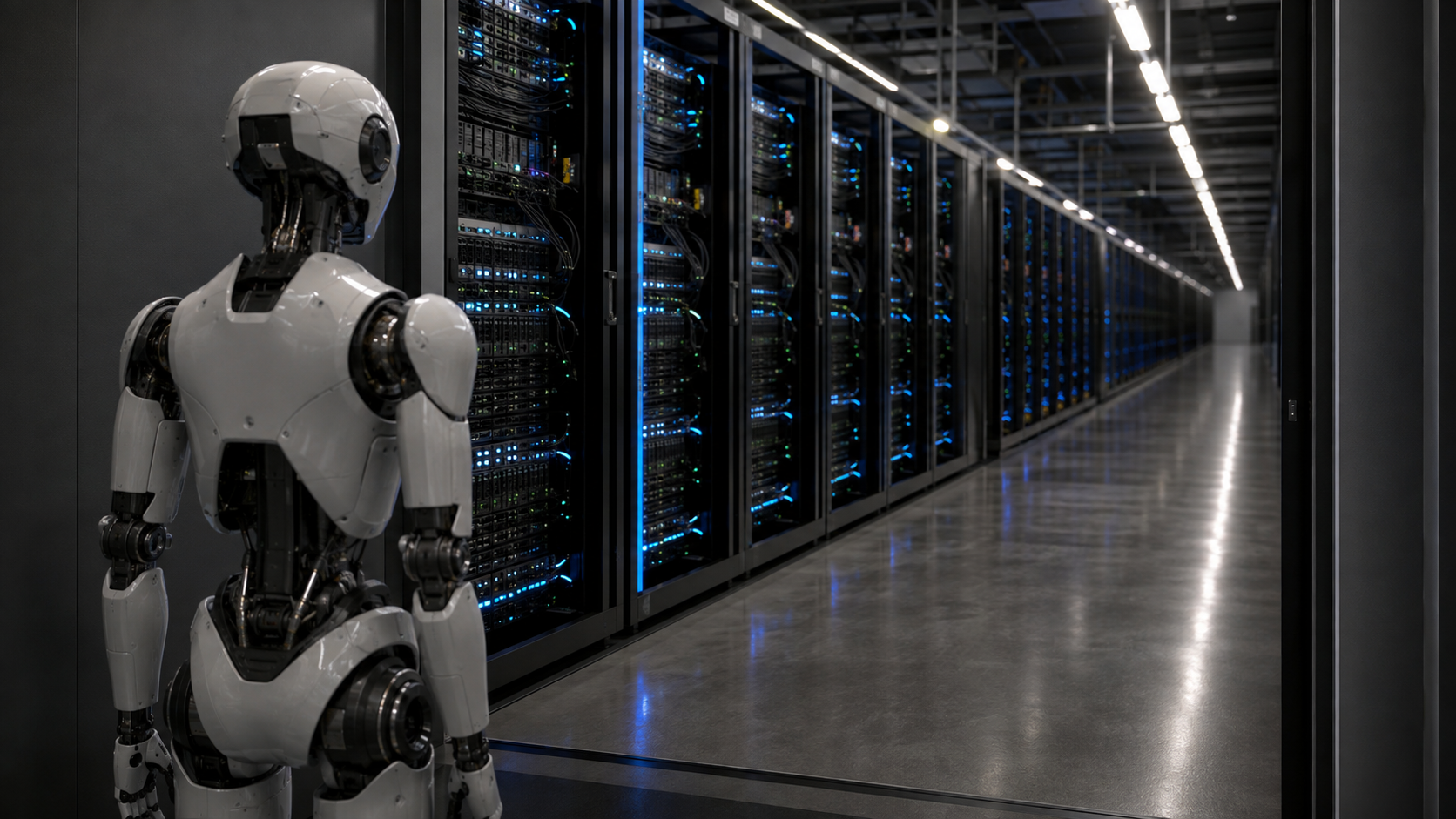 Generic humanoid robot stands at the entrance to a long aisle of liquid-cooled AI server racks [Image content created with AI]