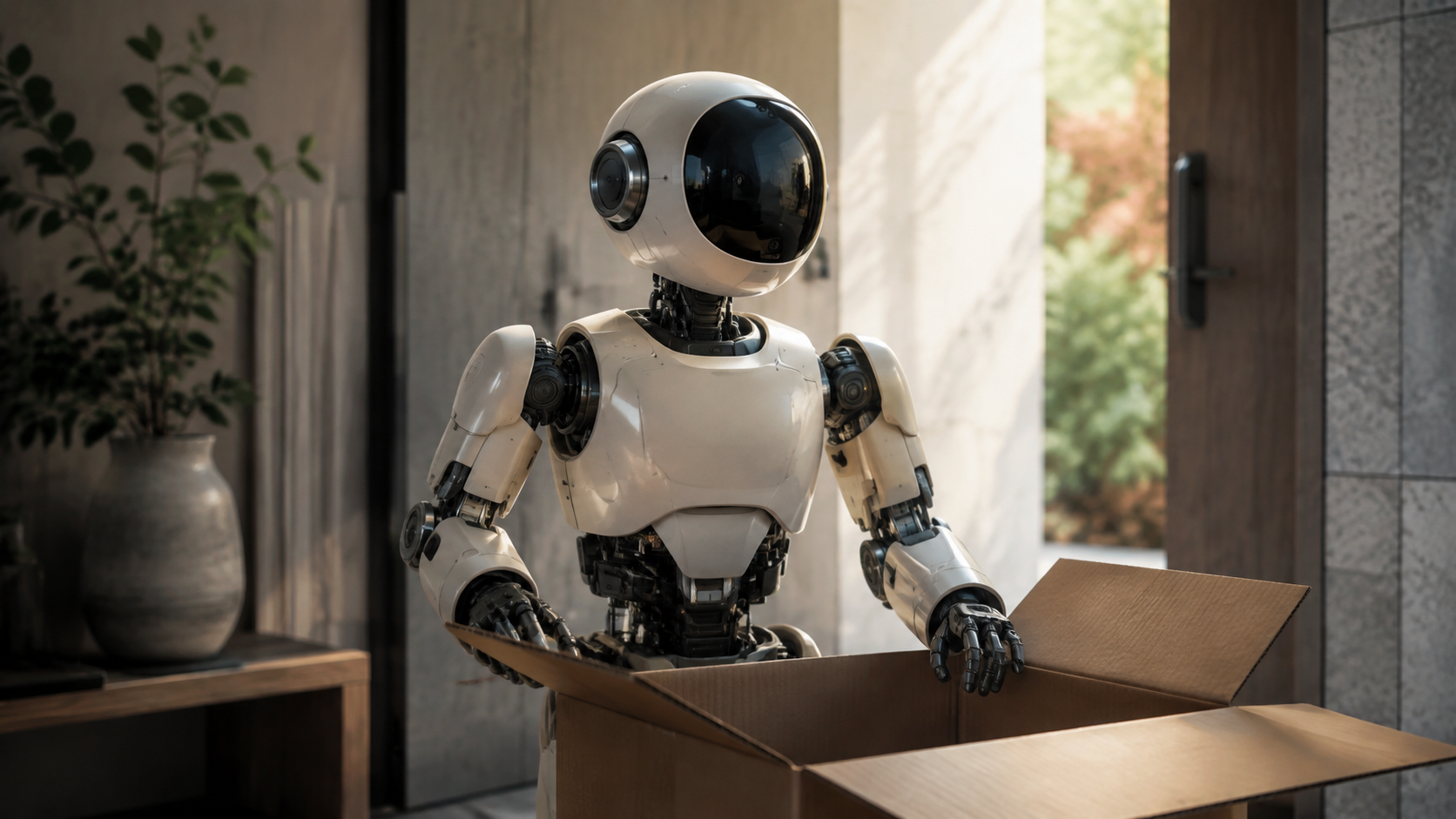 KI-Symbolbild: Ein humanoider Roboter neben einem geöffneten Versandkarton im Eingangsbereich eines Hauses. [Bildinhalt mit KI erstellt]