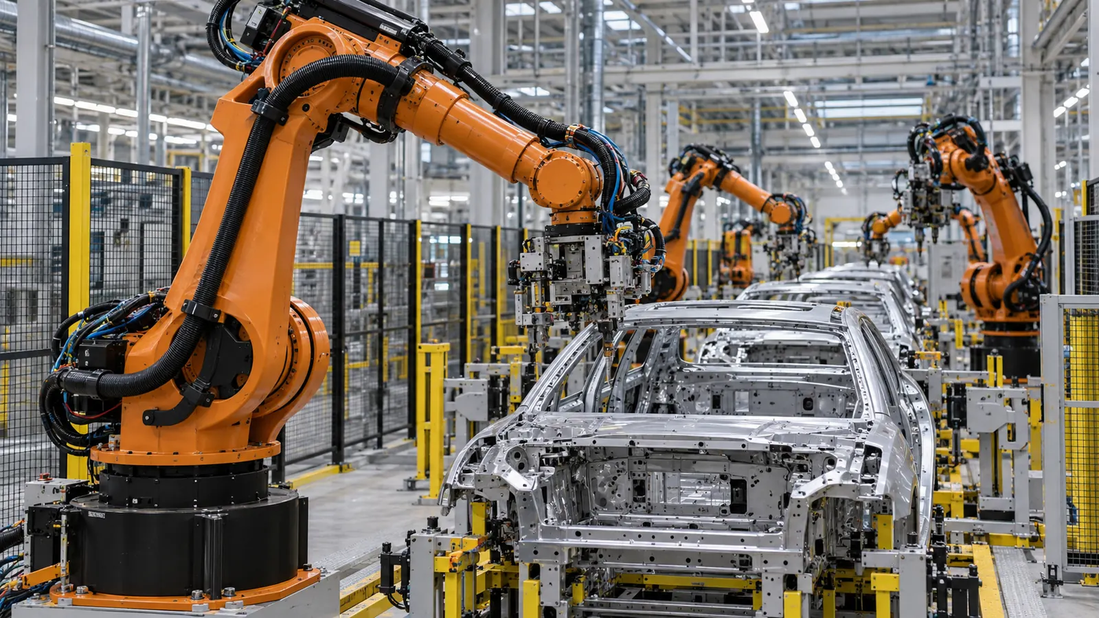 Multiple industrial robot arms operating on a modern realistic manufacturing line [Image content created with AI]