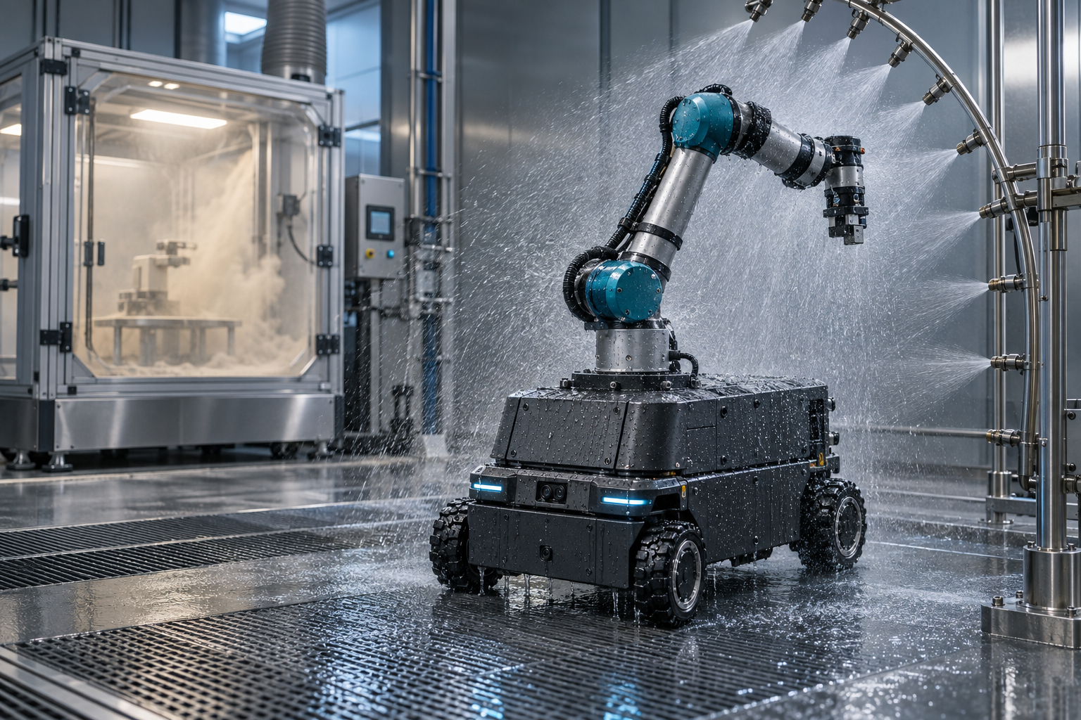 Mobiler Industrieroboter mit Cobot-Arm bei einer Wasserprüfung im Prüflabor; im Hintergrund steht eine getrennte Staubprüfkammer [Bildinhalt mit KI erstellt]