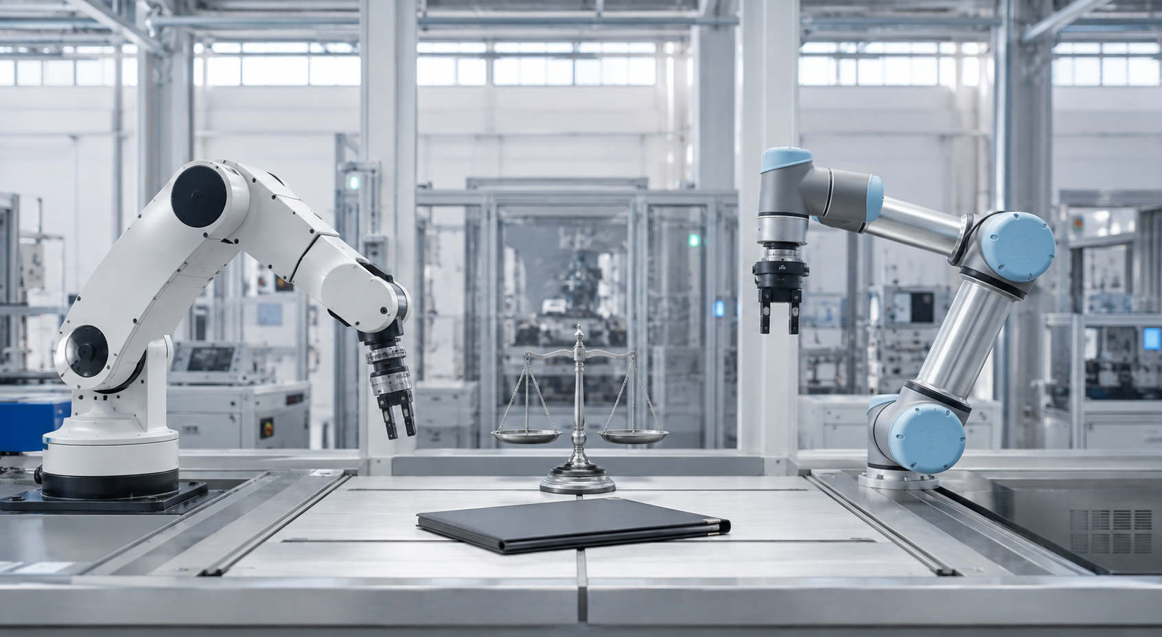Zwei unterschiedliche kollaborative Roboterarme mit Waage und Dokumentenmappe in einer neutralen Fabrikumgebung [Bildinhalt mit KI erstellt]