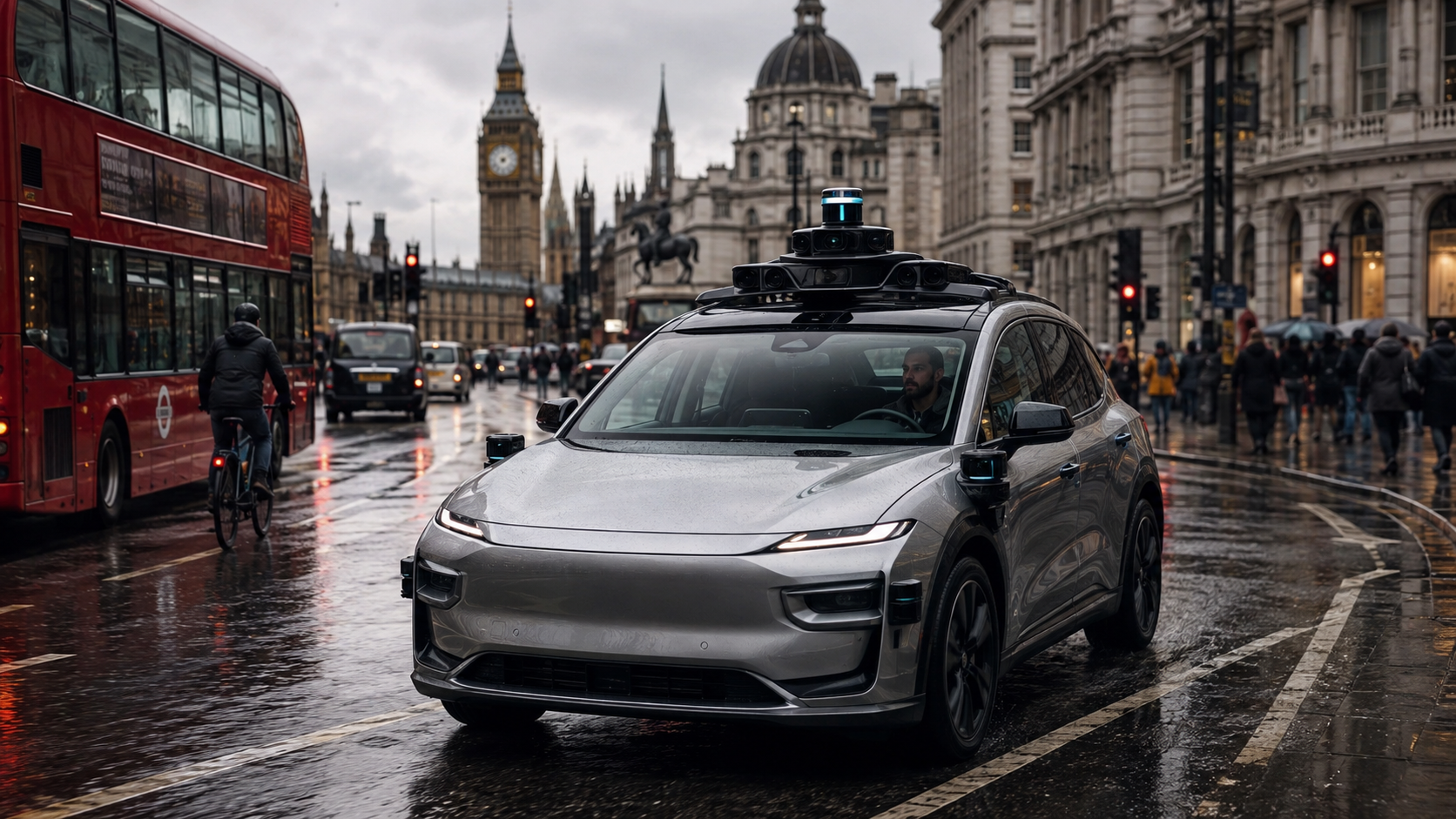 Autonomes Taxi mit sichtbarem Sicherheitsfahrer im Londoner Stadtverkehr [Bildinhalt mit KI erstellt]