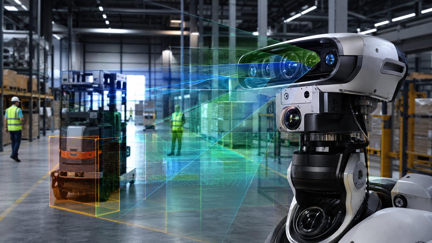 Industrieller Roboter erfasst mit mehreren Sensoren Bewegungen und Objekte in einer Fabrik [Bildinhalt mit KI erstellt]