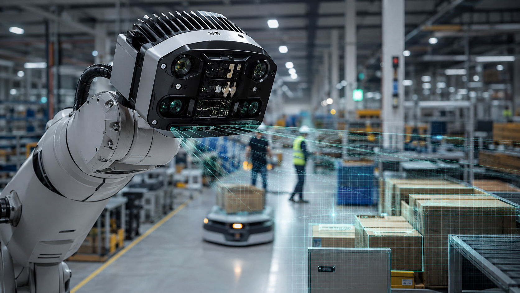 Industrial robot using multimodal sensors to detect motion and objects on a factory floor [Image content created with AI]