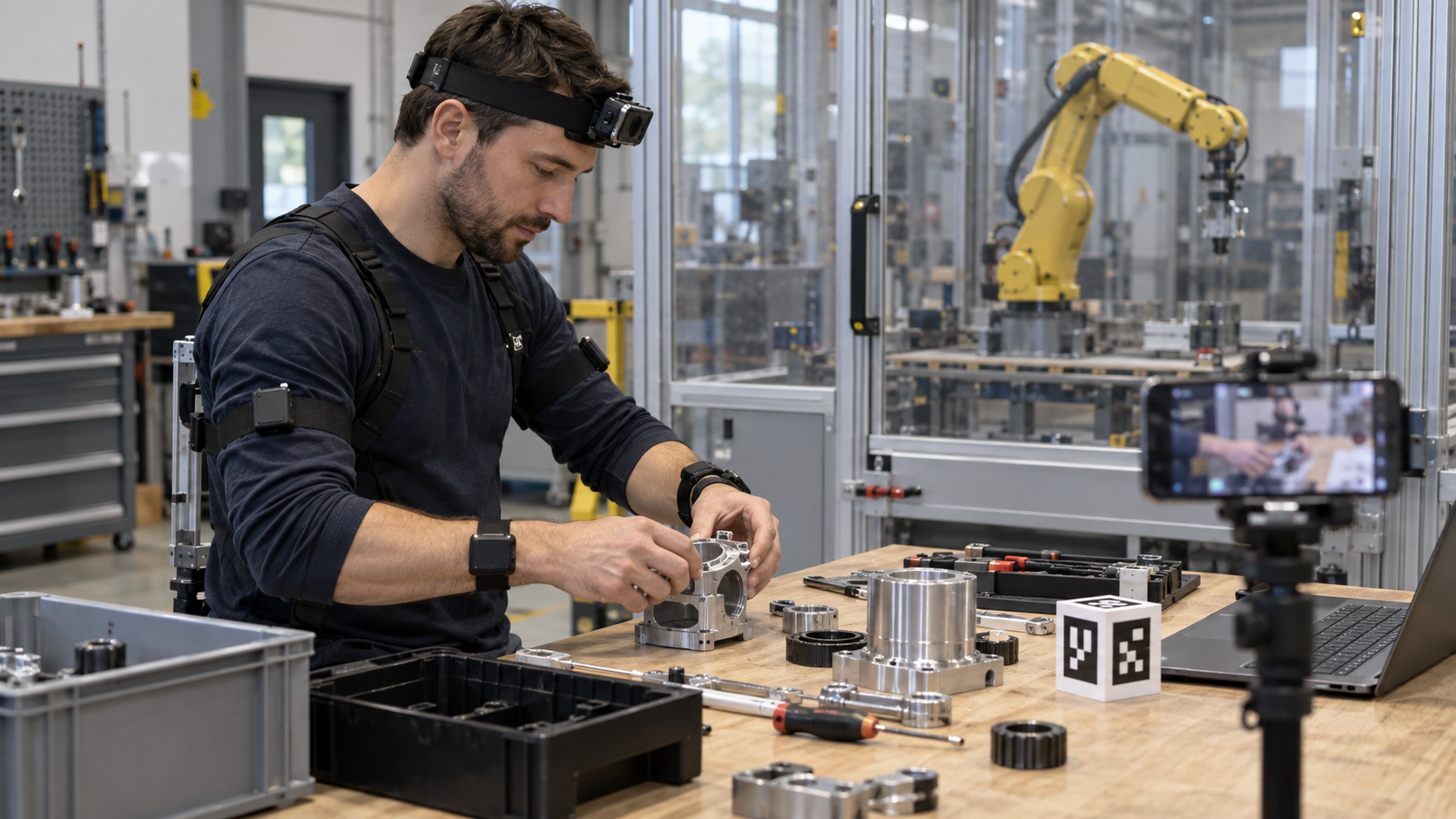 Techniker erfasst mit Bewegungssensoren eine Montageaufgabe für Robotik-Trainingsdaten [Bildinhalt mit KI erstellt]