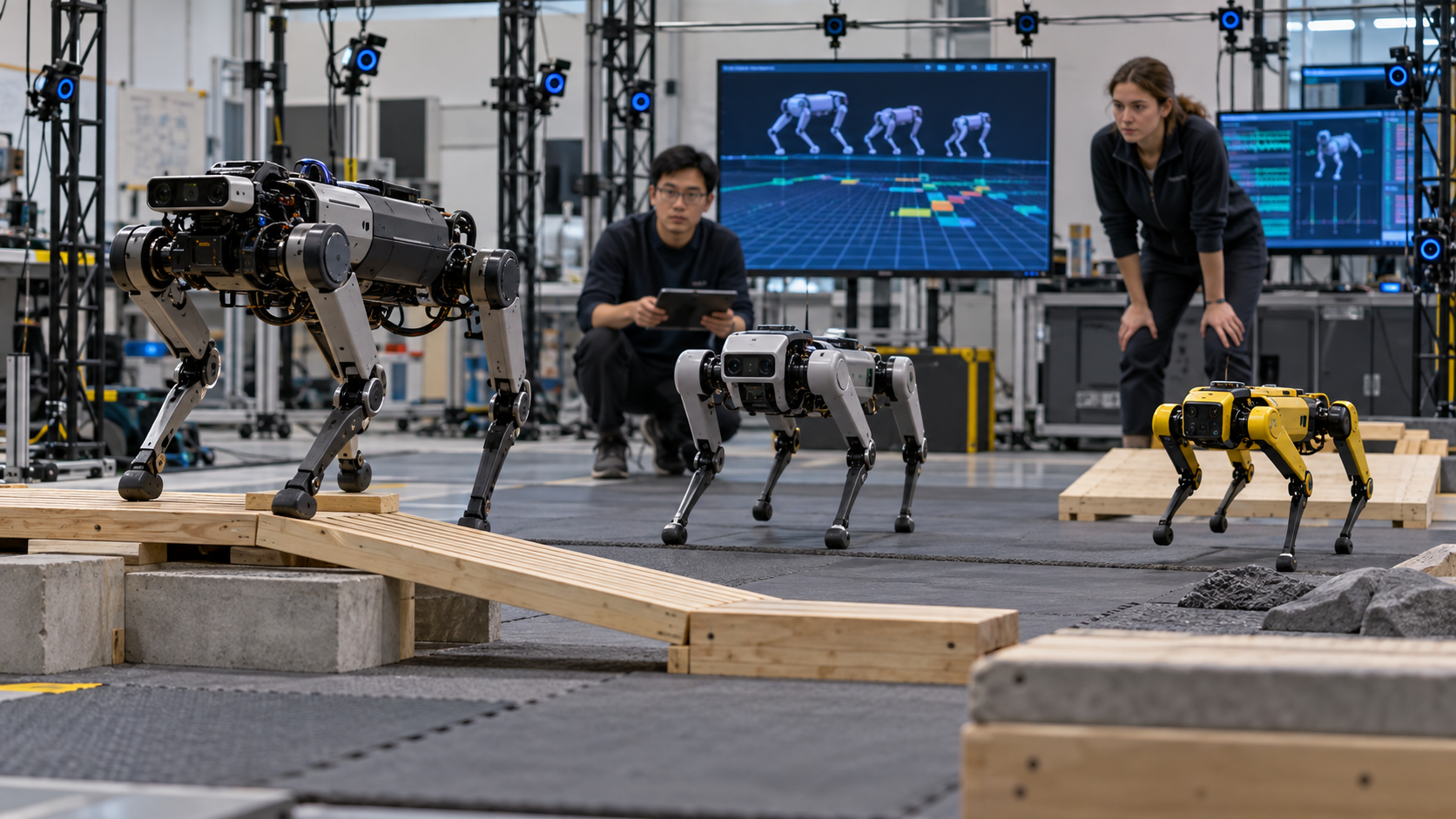 AI-generated symbolic image of three quadruped robots testing one transferable locomotion policy [Bildinhalt mit KI erstellt]