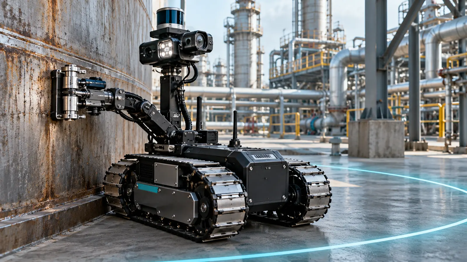 Symbolic image of a tracked industrial inspection robot operating inside a defined safety zone [Image content created with AI]