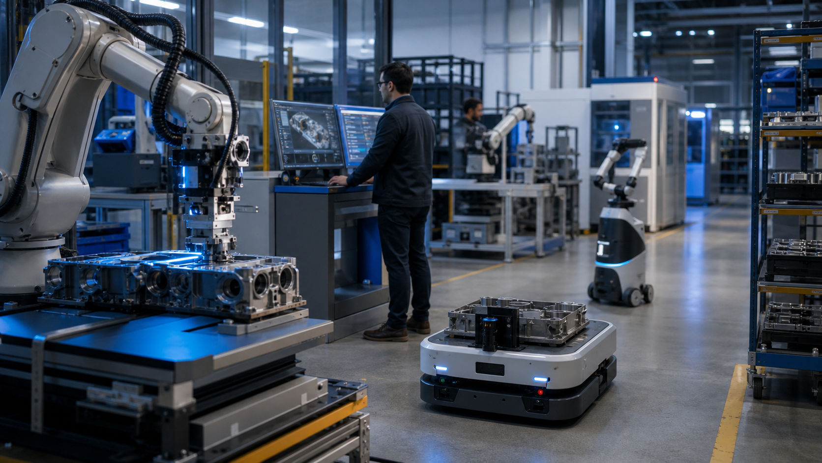 Verschiedene Robotersysteme arbeiten vernetzt in einer modernen Fabrik [Bildinhalt mit KI erstellt]