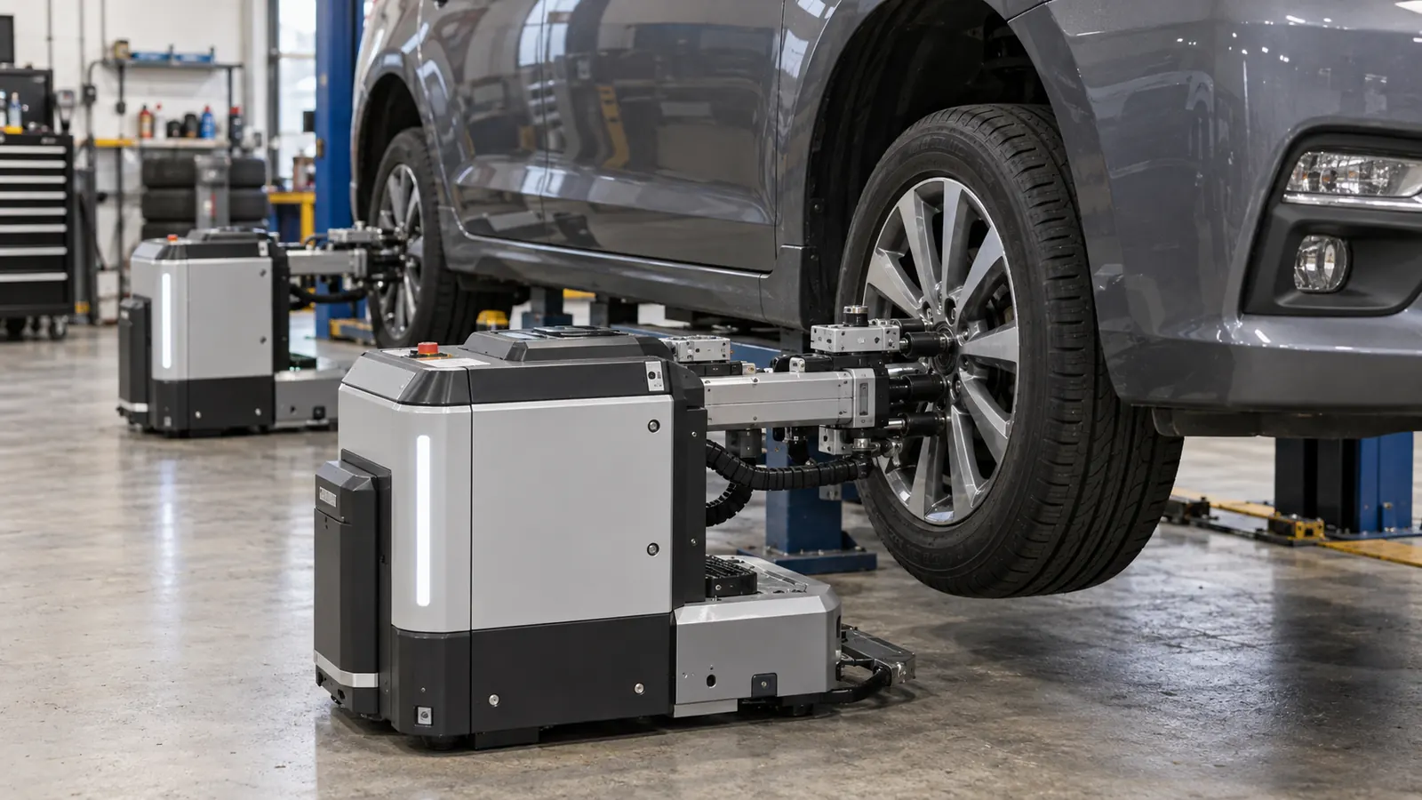 Technically credible robotic units changing wheels on a vehicle inside a modern service shop [Image content created with AI]