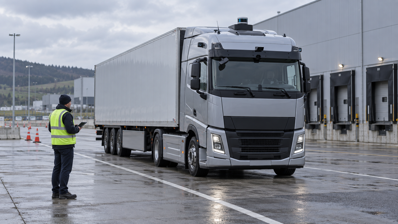 Redaktionelle KI-Illustration eines generischen elektrischen Schwerlast-Lkw mit Sensoren auf abgesperrter Logistik-Teststrecke; kein Pony.ai/GAC T9. [Image content created with AI]