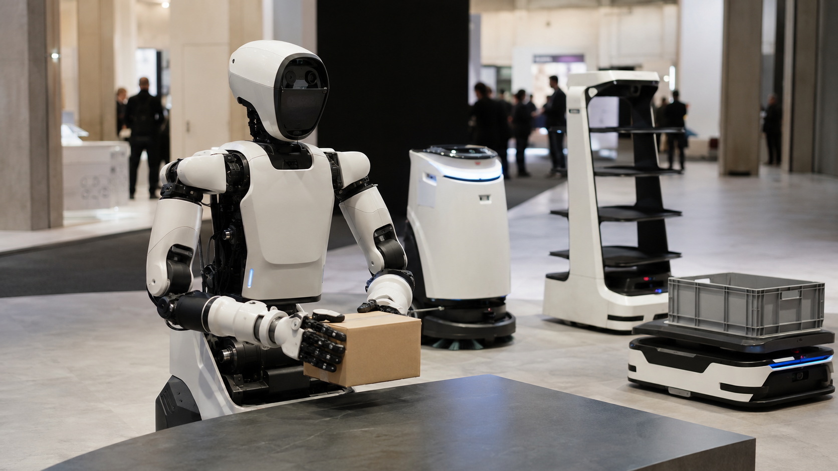 Generischer semi-humanoider Roboter bewegt auf einer Technikmesse einen Karton, dahinter stehen Reinigungs-, Liefer- und industrielle Transportroboter [Bildinhalt mit KI erstellt]