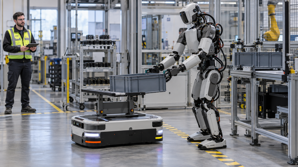Humanoider Industrieroboter übergibt einen Teilebehälter an einen autonomen mobilen Roboter