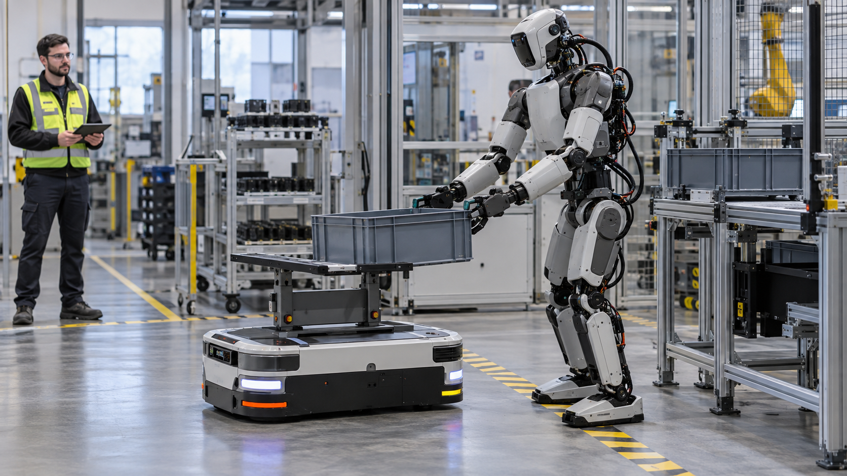 Humanoider Industrieroboter übergibt einen Teilebehälter an einen autonomen mobilen Roboter [Bildinhalt mit KI erstellt]