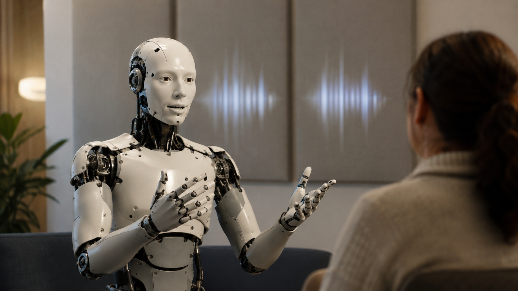Generischer humanoider Roboter gestikuliert mit offener Hand im Gespräch mit einem Menschen [Bildinhalt mit KI erstellt]