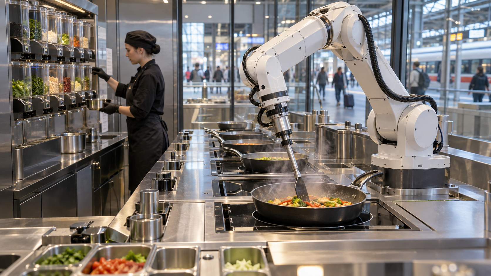 Industrieroboter bereitet in einer professionellen Küche am Bahnhof ein Pfannengericht zu, redaktionelle KI-Illustration [Bildinhalt mit KI erstellt]