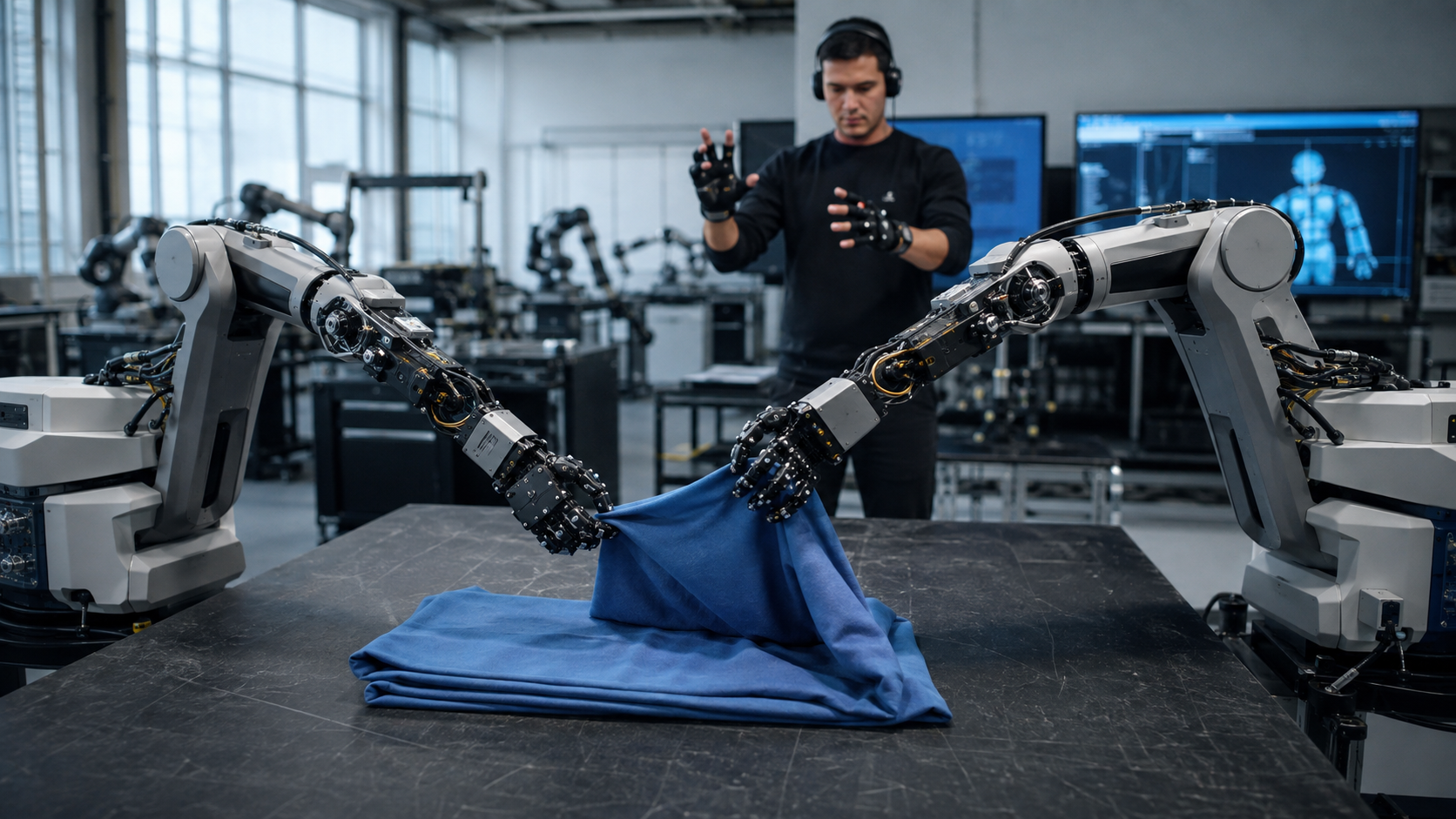 Zwei Roboterarme falten blauen Stoff, während ein menschlicher Bediener mit Tracking-Handschuhen Bewegungsdaten aufzeichnet [Bildinhalt mit KI erstellt]