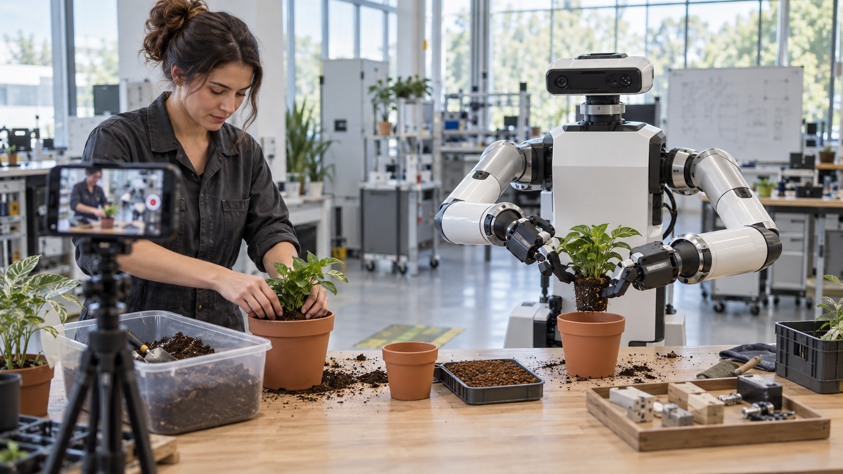 Technician records a plant-potting demonstration while a dual-arm robot imitates it [图像内容由人工智能生成]