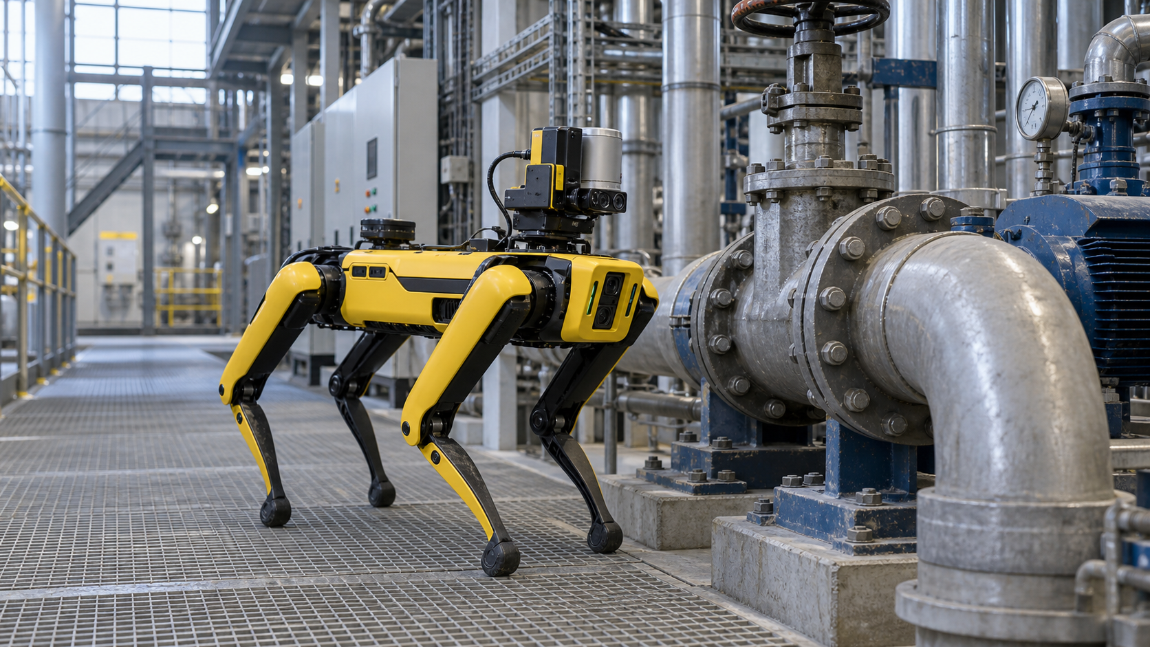 Vierbeiniger Inspektionsroboter überwacht eine Industrieanlage mit Rohren und Pumpen [Bildinhalt mit KI erstellt]