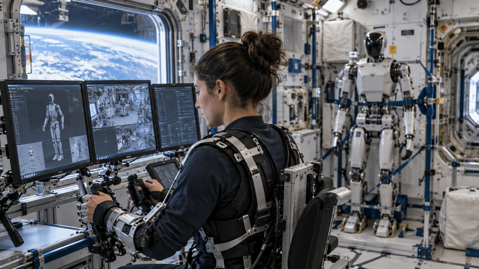 AI-generated symbolic image of a Teledroid control exoskeleton inside a space-station module [Bildinhalt mit KI erstellt]