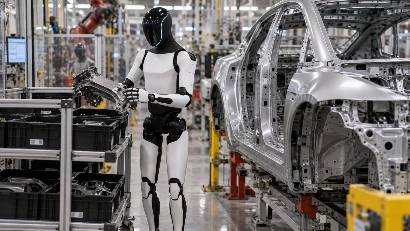 Tesla Optimus Gen 2 in einer Fahrzeugfabrik neben Karosserien [Bildinhalt mit KI erstellt]