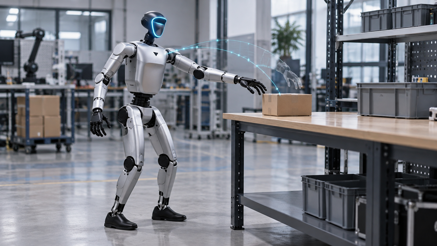 Unitree-G1-Roboter greift in einem Robotiklabor nach einem Paket; cyanfarbene Bahnkurven symbolisieren UnifoLM. [Bildinhalt mit KI erstellt]