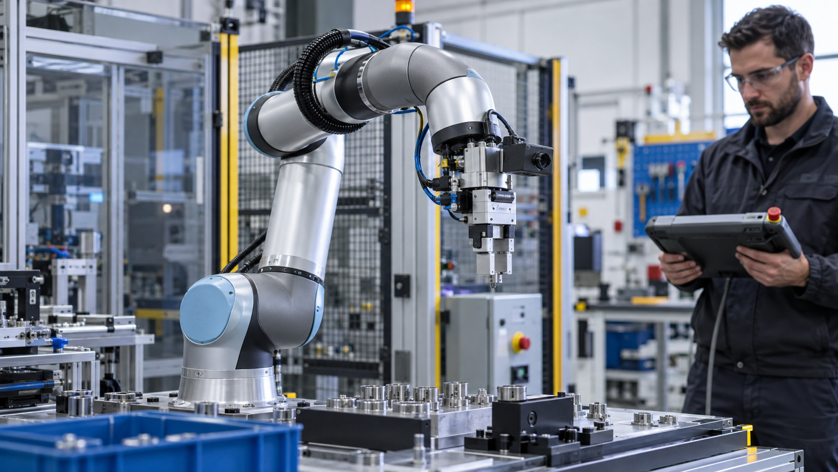 Editorial AI illustration of a generic collaborative robot with integrated vision and tool-flange connections; not a Universal Robots Gen 7 product. [Image content created with AI]