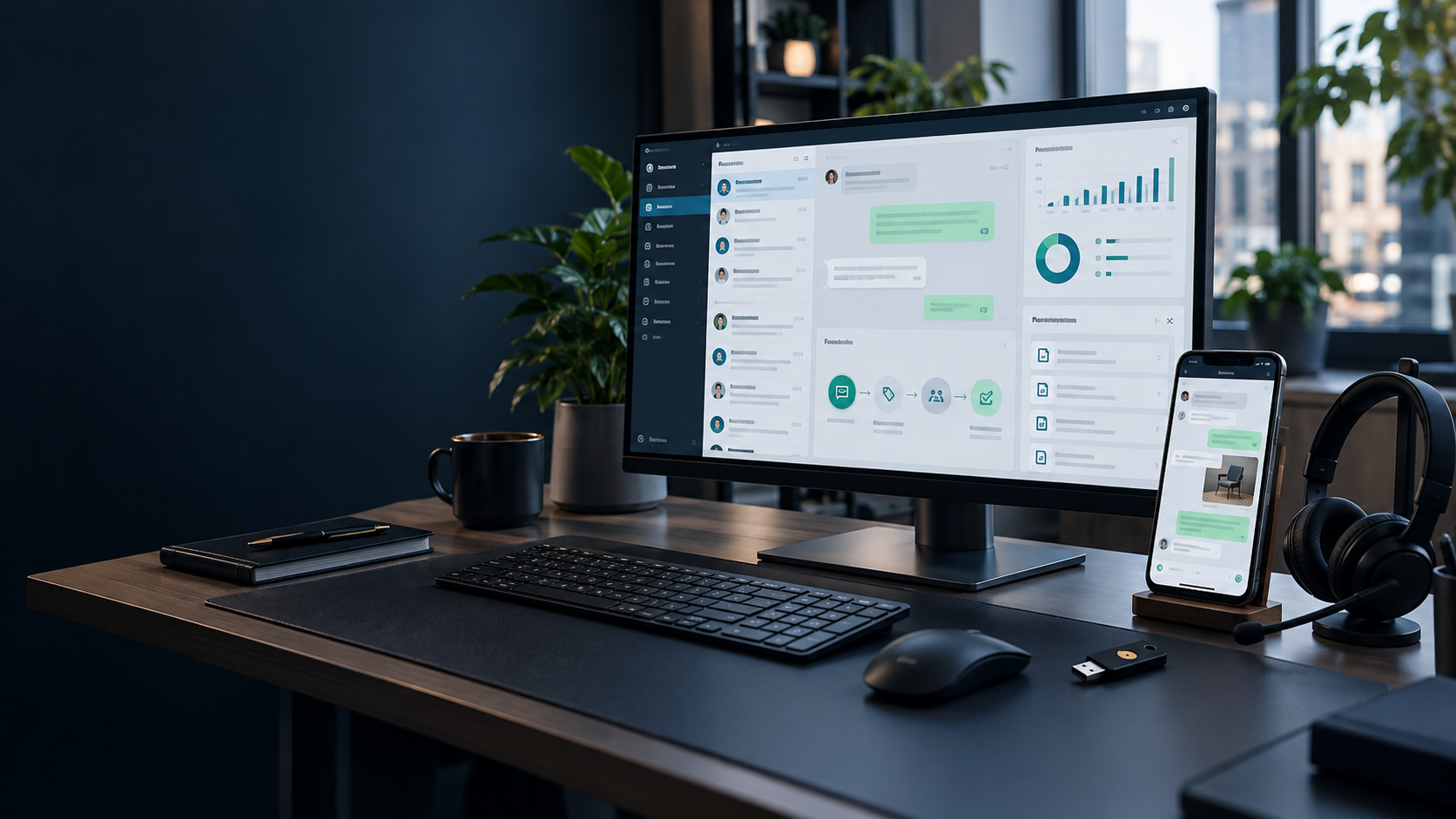 Vergleich von WhatsApp Business API Anbietern mit Team-Inbox, Smartphone und Analyse-Dashboard [Bildinhalt mit KI erstellt]