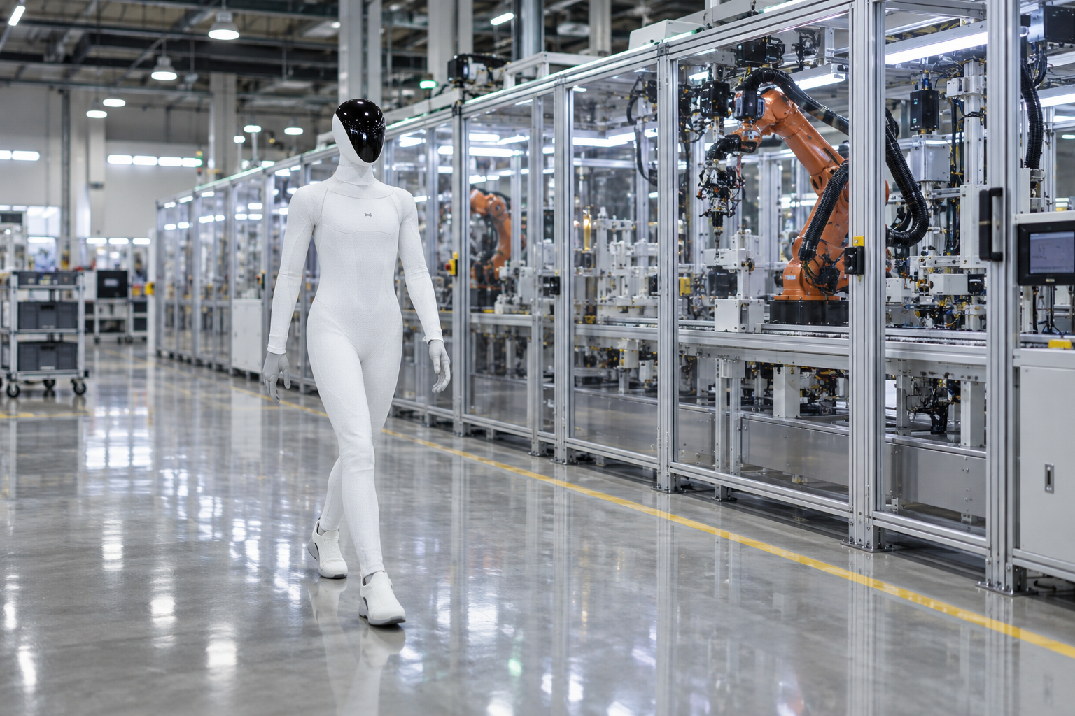 XPENG IRON läuft neben einer automatisierten Produktionslinie [Bildinhalt mit KI erstellt]