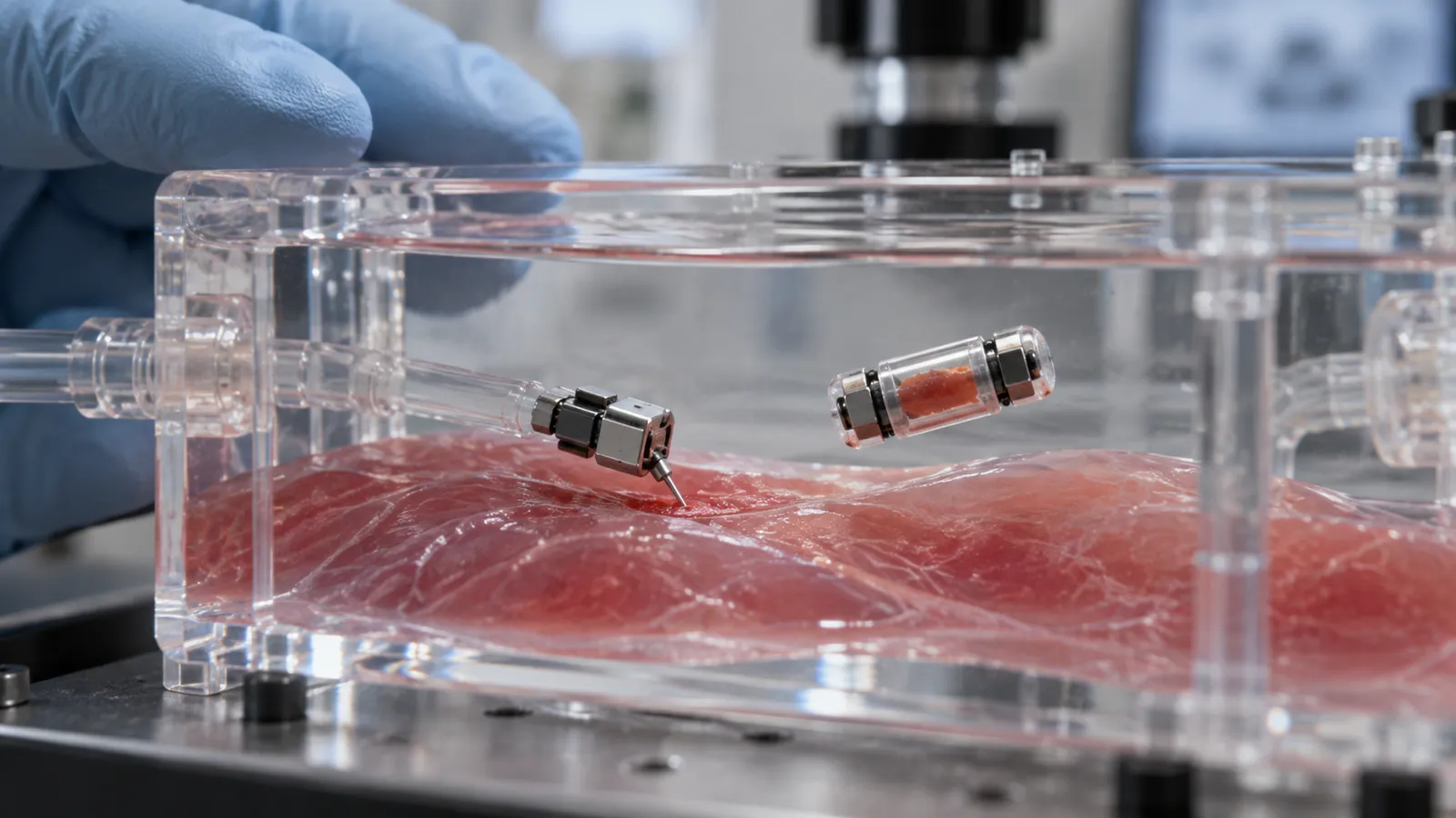 Deux minirobots magnétiques dans un modèle cardiaque de laboratoire ; illustration IA, pas une intervention sur patient [Contenu visuel créé avec l’IA]
