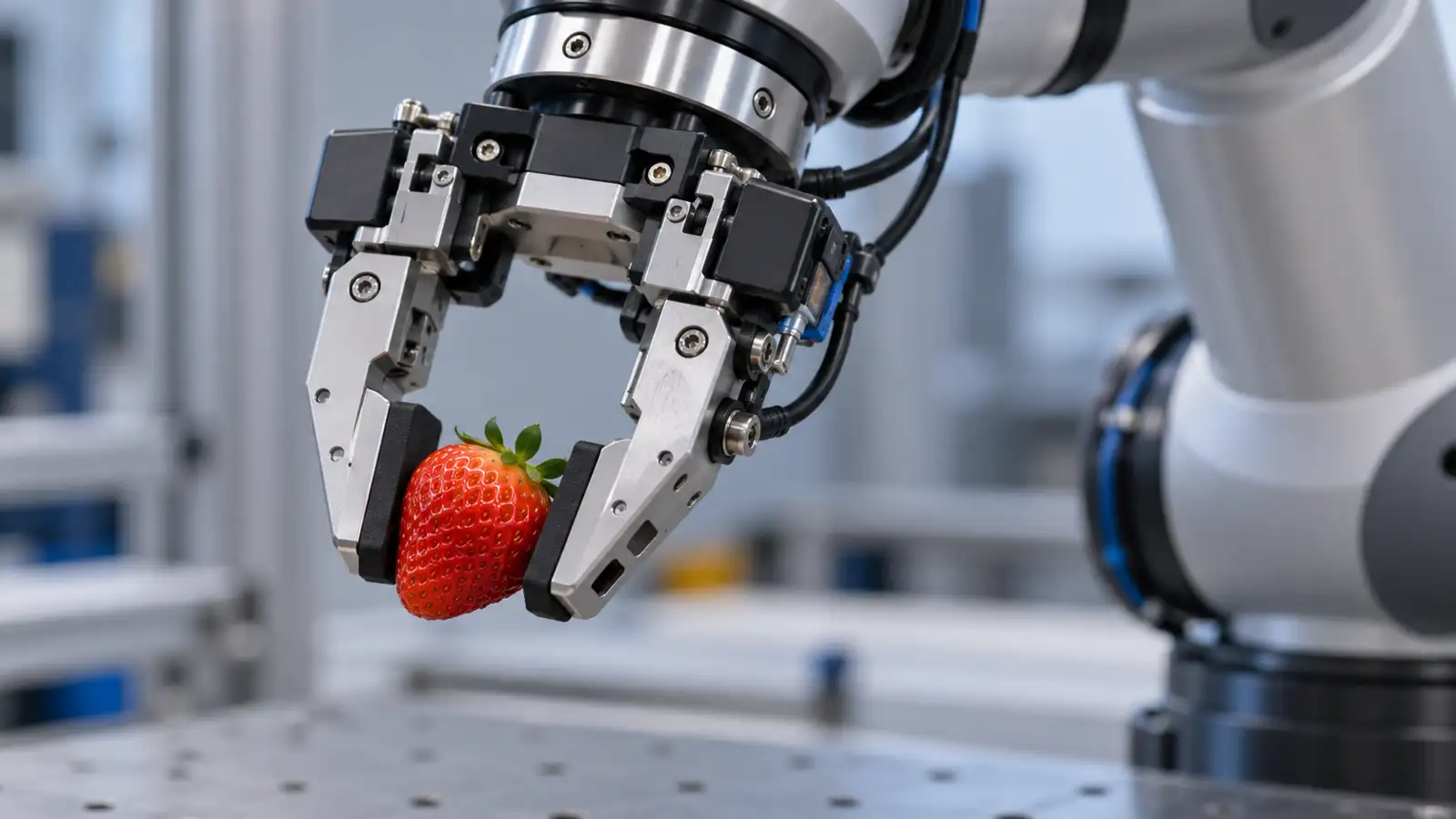 KI-generiertes Symbolbild: sensorgestützter Robotergreifer hält eine Erdbeere. [Bildinhalt mit KI erstellt]