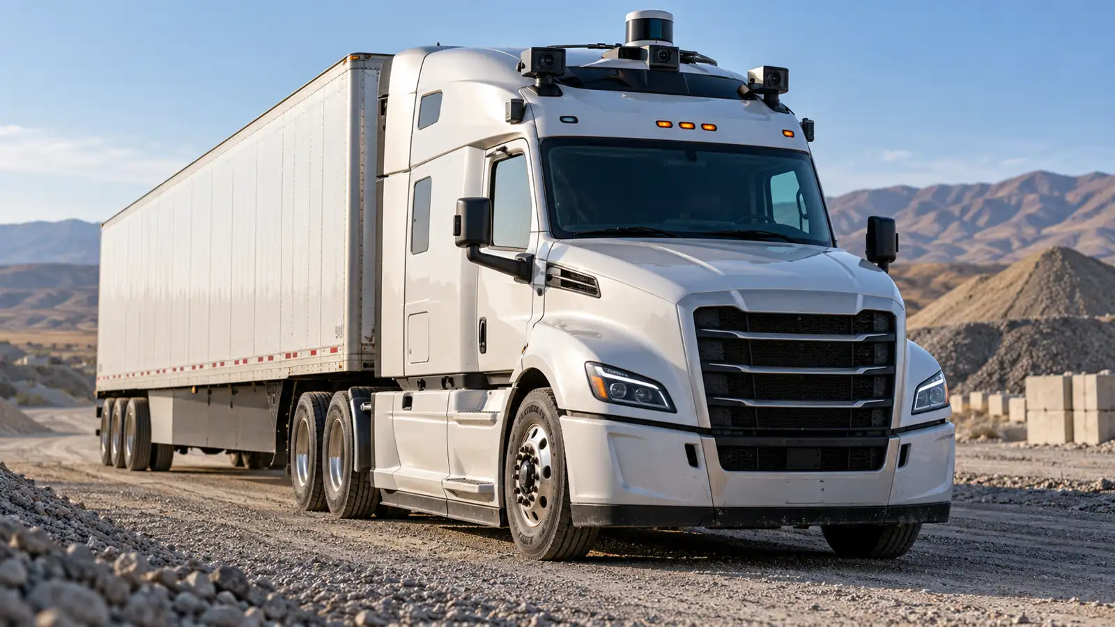AI-generated illustrative image: a white autonomous truck in an industrial freight yard. [Image content created with AI]