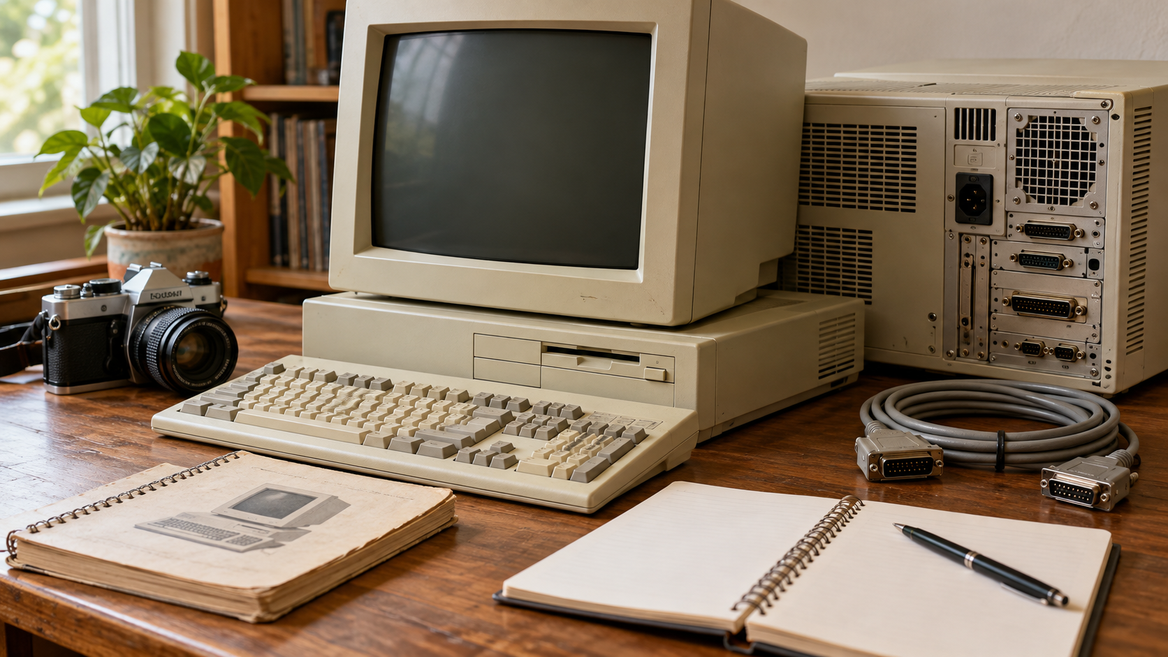 Historischer Computer mit Zubehör und Geräteakte – KI-Illustration [Bildinhalt mit KI erstellt]