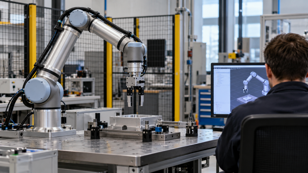 Redaktionelle KI-Illustration eines industriellen Sechsachs-Roboterarms in einer Testzelle mit menschlicher Aufsicht